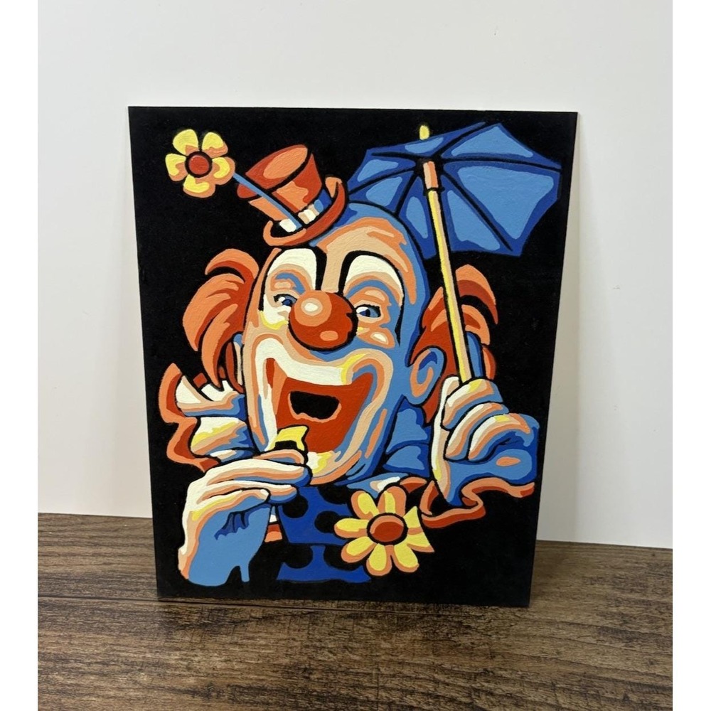 Vintage Paint By Number Clown Picture Print on Black Felt Cardboard 8" X 10"